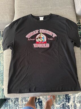 Disney Black T-Shirt with Red and White Embroidered Logo